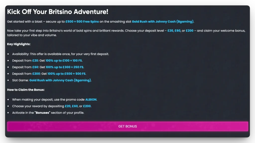 britsino no deposit bonus